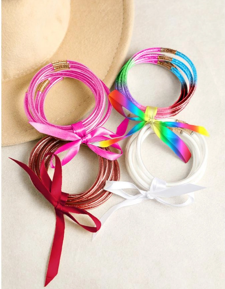 Pink 5pcs Glitter Jelly Bow Knot Ribbon Bracelet Set