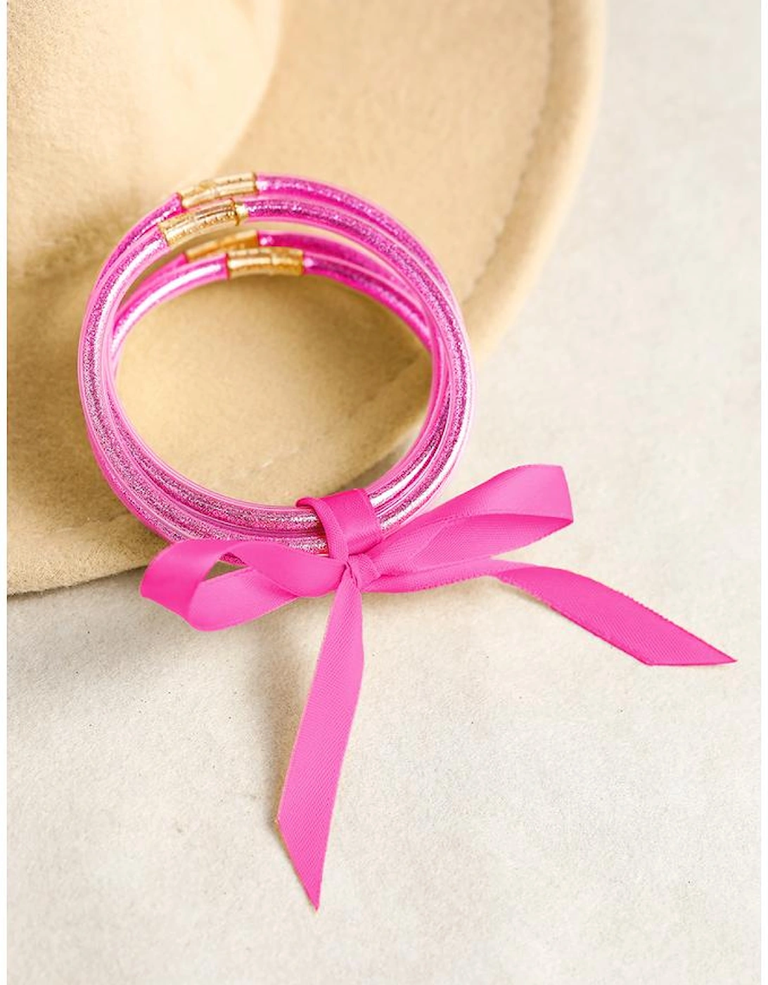 Pink 5pcs Glitter Jelly Bow Knot Ribbon Bracelet Set