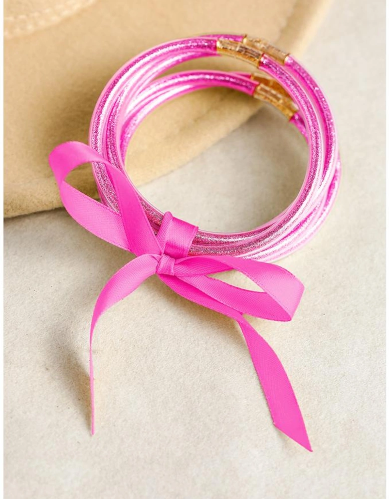 Pink 5pcs Glitter Jelly Bow Knot Ribbon Bracelet Set