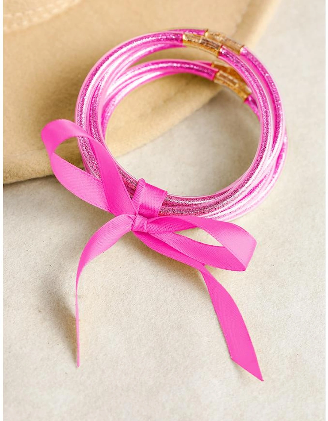 Pink 5pcs Glitter Jelly Bow Knot Ribbon Bracelet Set