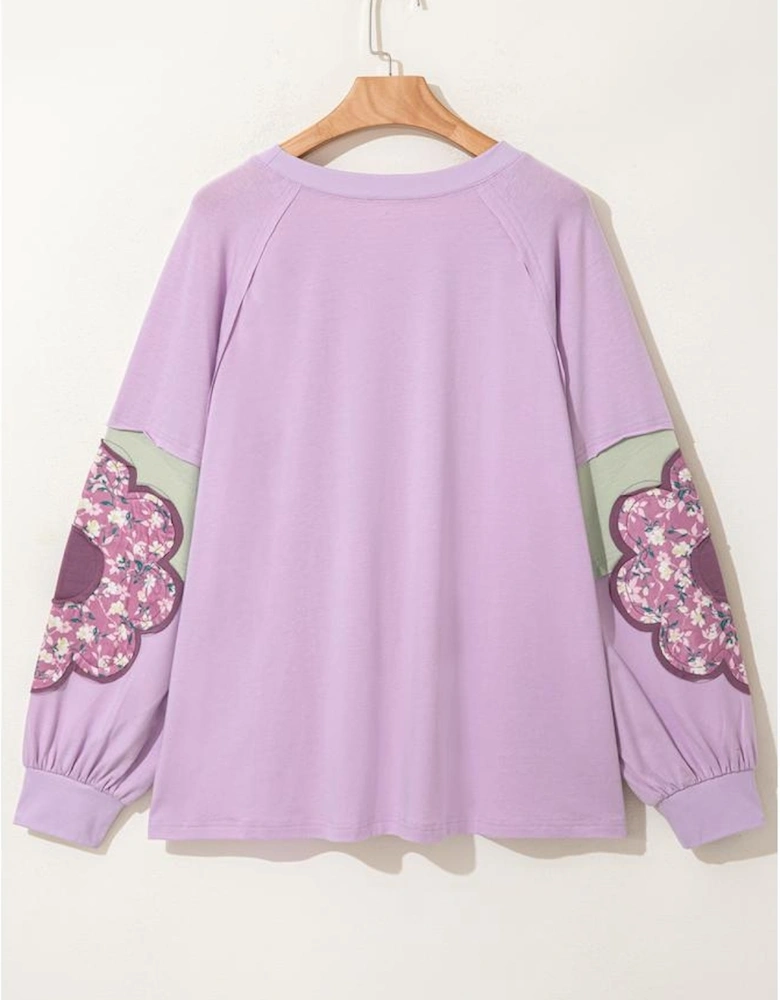 Phalaenopsis Flower Patch Colorblock Plus Size Pullover Top