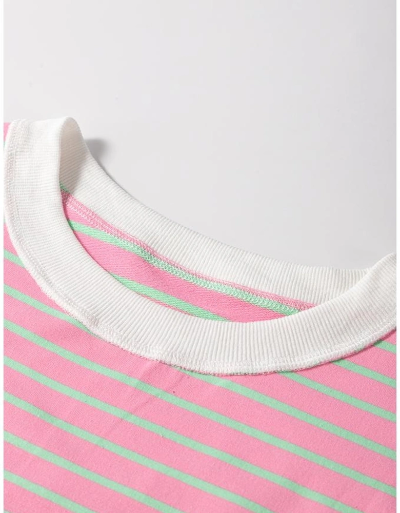 Sachet Pink Striped Crew Neck Cap Sleeve T Shirt