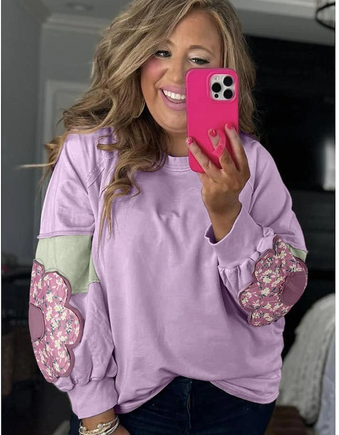 Phalaenopsis Flower Patch Colorblock Plus Size Pullover Top