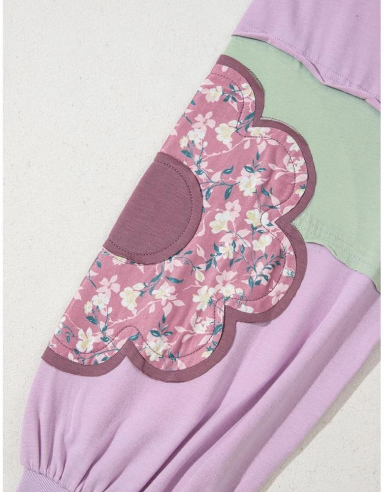 Phalaenopsis Flower Patch Colorblock Plus Size Pullover Top