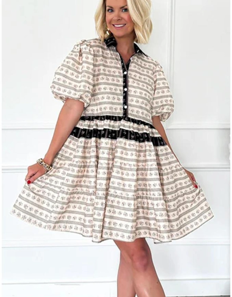 Black Boho Floral Striped Contrast Trim Bubble Sleeve Flared Dress