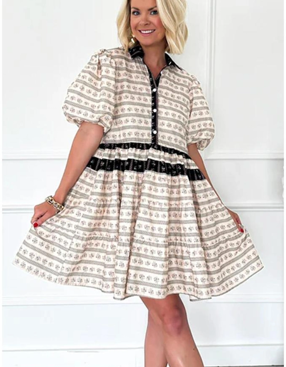 Black Boho Floral Striped Contrast Trim Bubble Sleeve Flared Dress