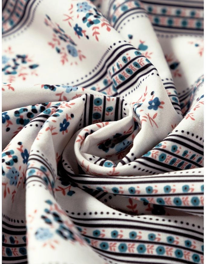 Black Boho Floral Striped Contrast Trim Bubble Sleeve Flared Dress