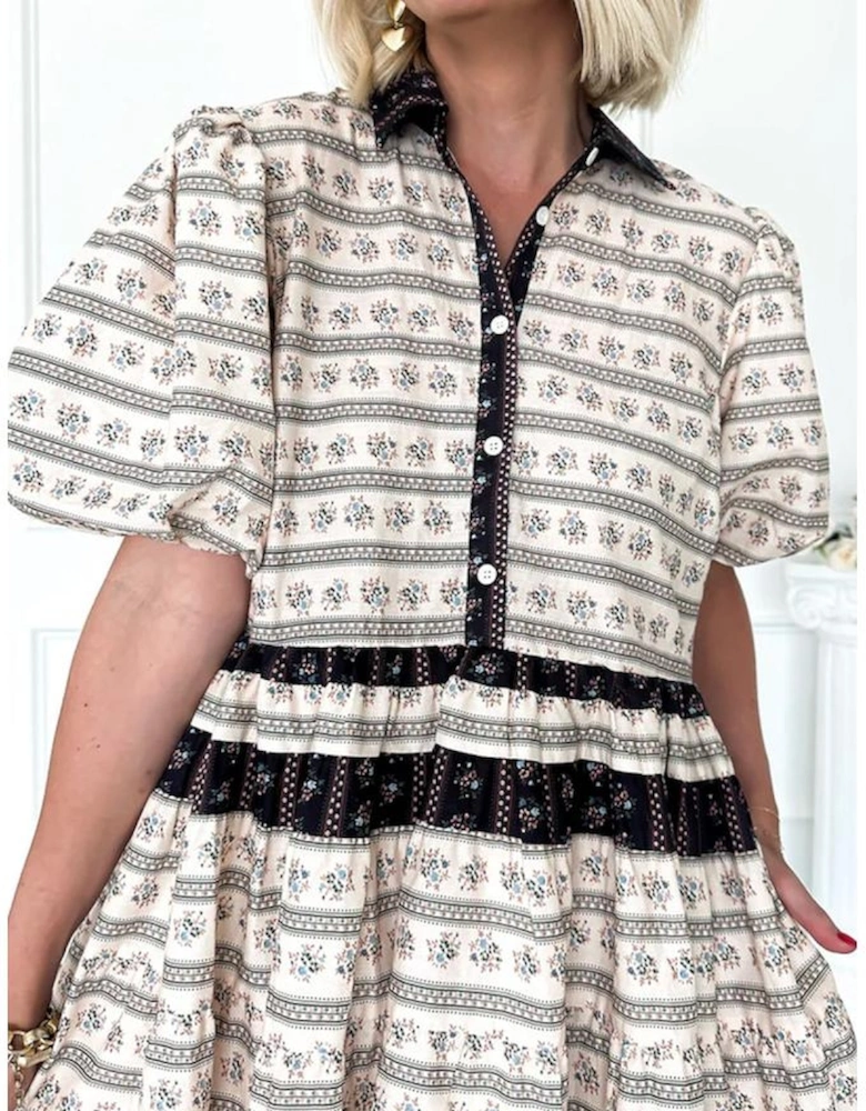 Black Boho Floral Striped Contrast Trim Bubble Sleeve Flared Dress