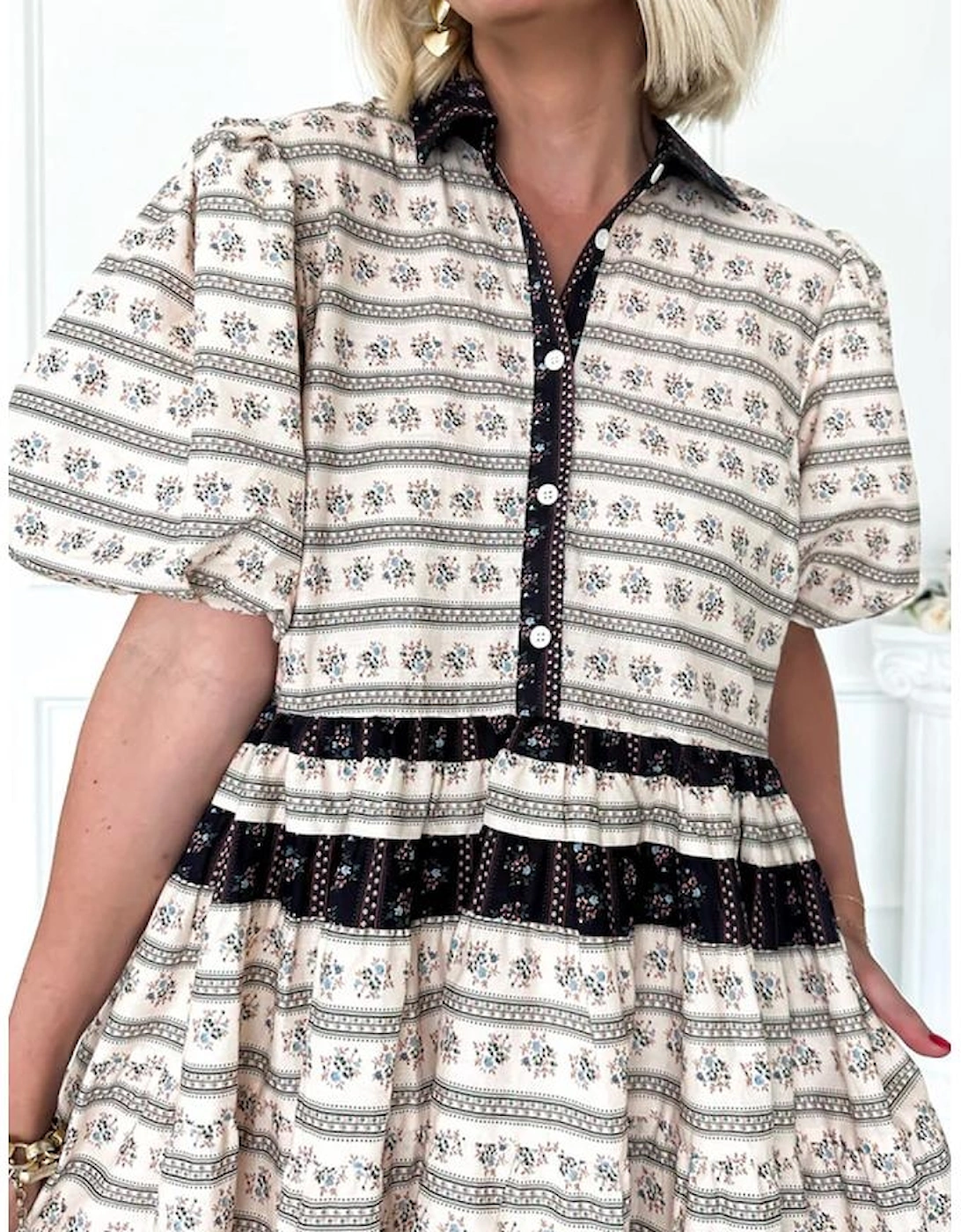 Black Boho Floral Striped Contrast Trim Bubble Sleeve Flared Dress, 10 of 9