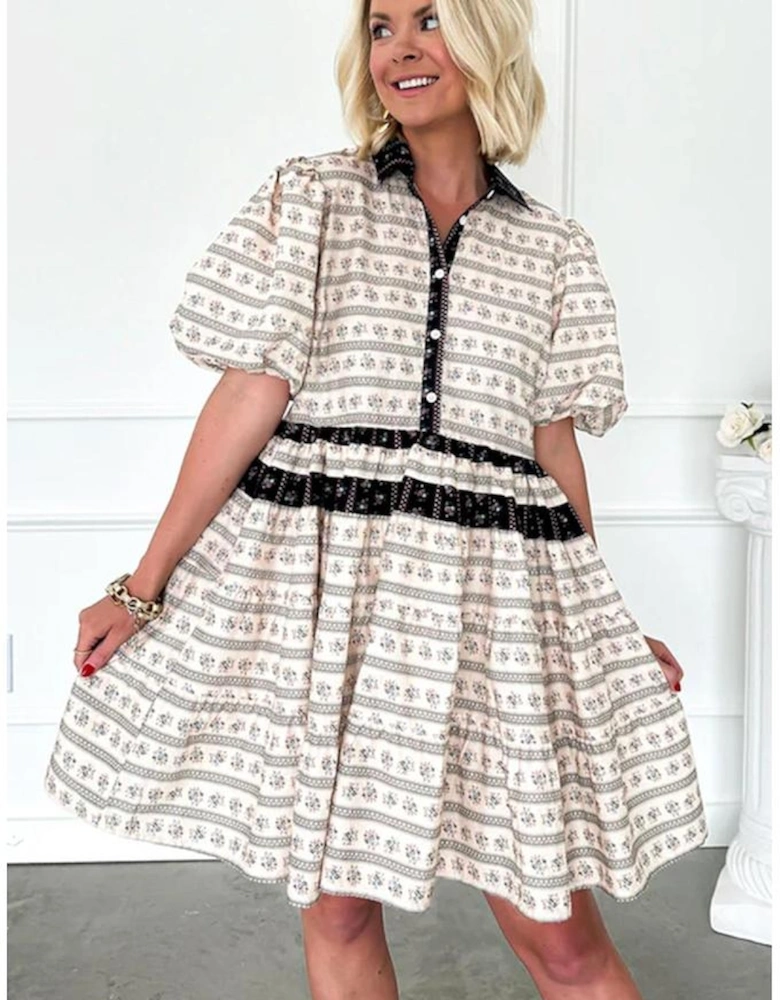 Black Boho Floral Striped Contrast Trim Bubble Sleeve Flared Dress