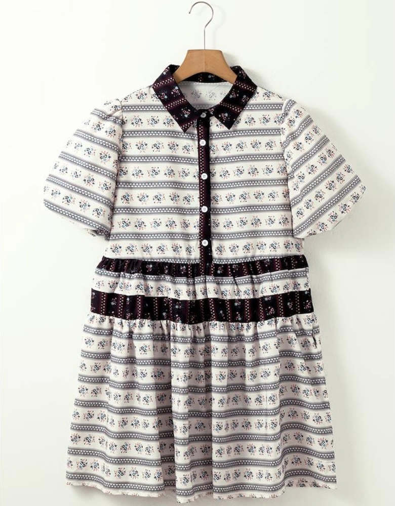 Black Boho Floral Striped Contrast Trim Bubble Sleeve Flared Dress