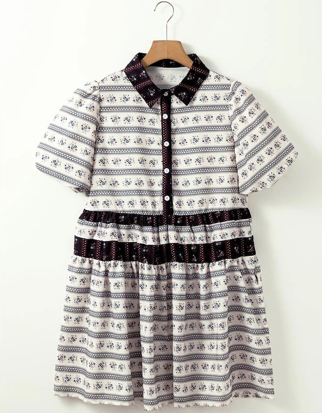 Black Boho Floral Striped Contrast Trim Bubble Sleeve Flared Dress