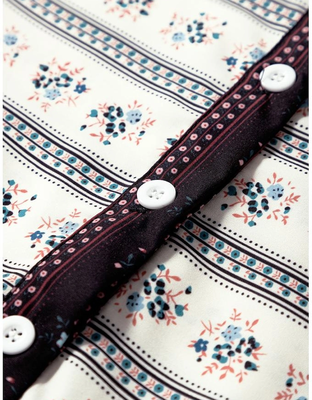 Black Boho Floral Striped Contrast Trim Bubble Sleeve Flared Dress