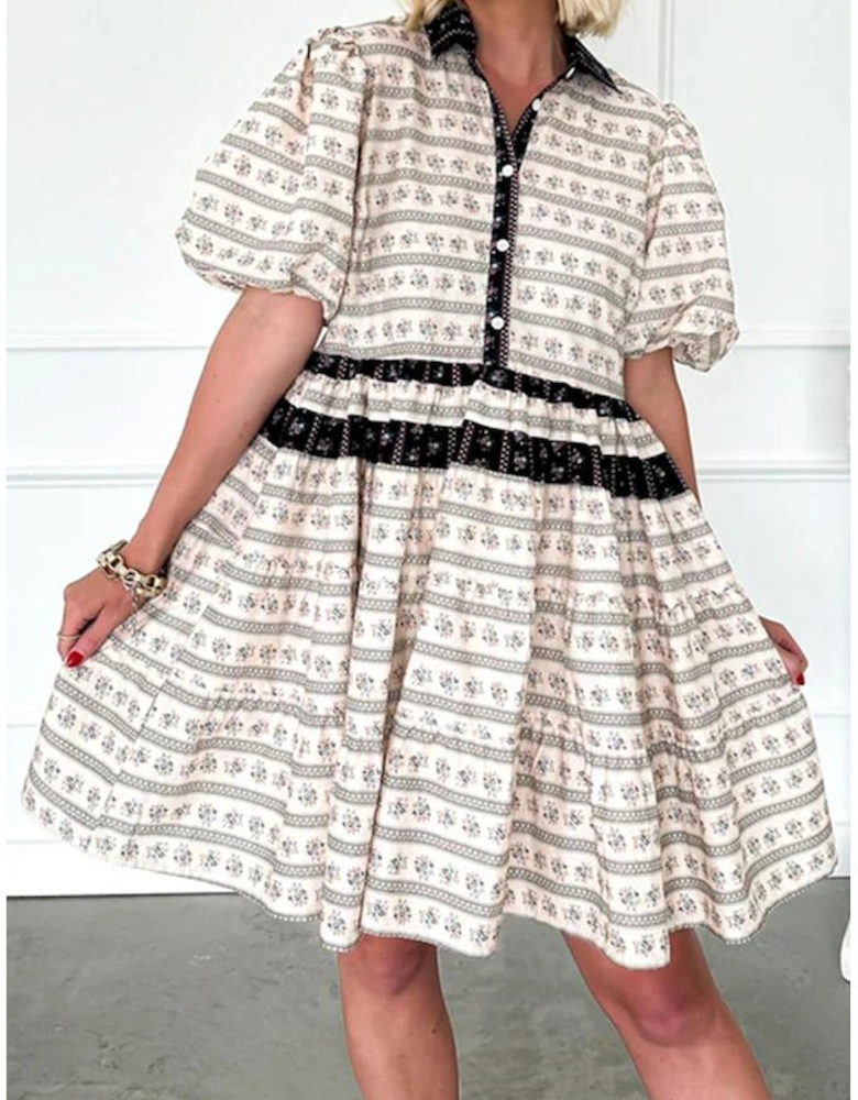 Black Boho Floral Striped Contrast Trim Bubble Sleeve Flared Dress