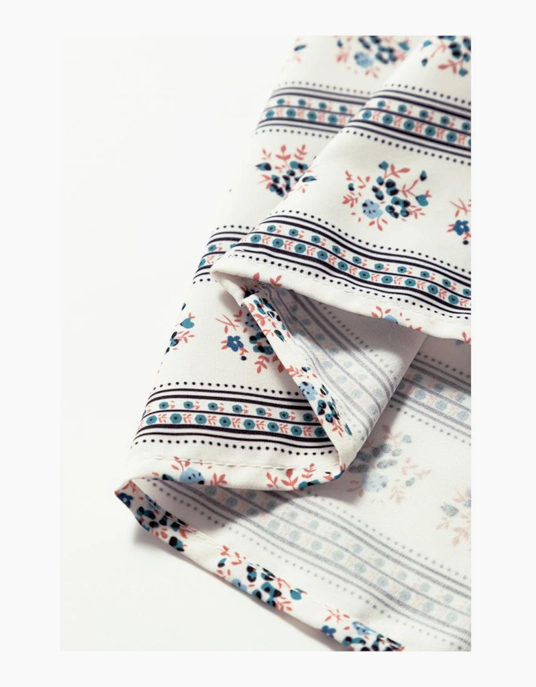 Black Boho Floral Striped Contrast Trim Bubble Sleeve Flared Dress