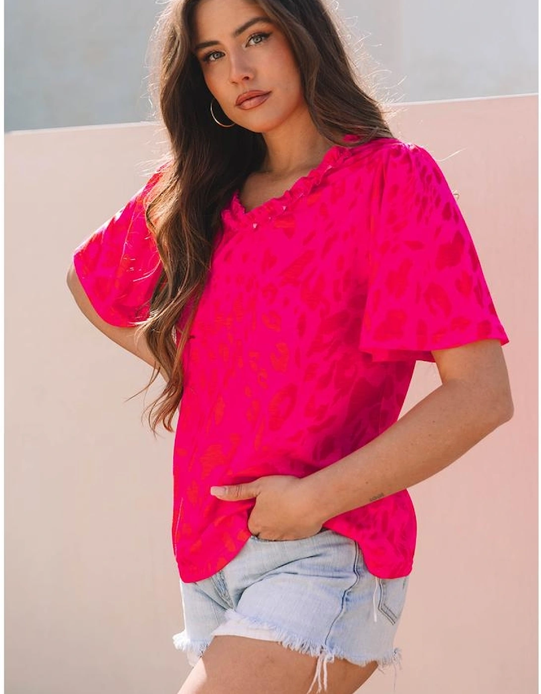 Rose Leopard Frilly V Neck Short Sleeve Blouse