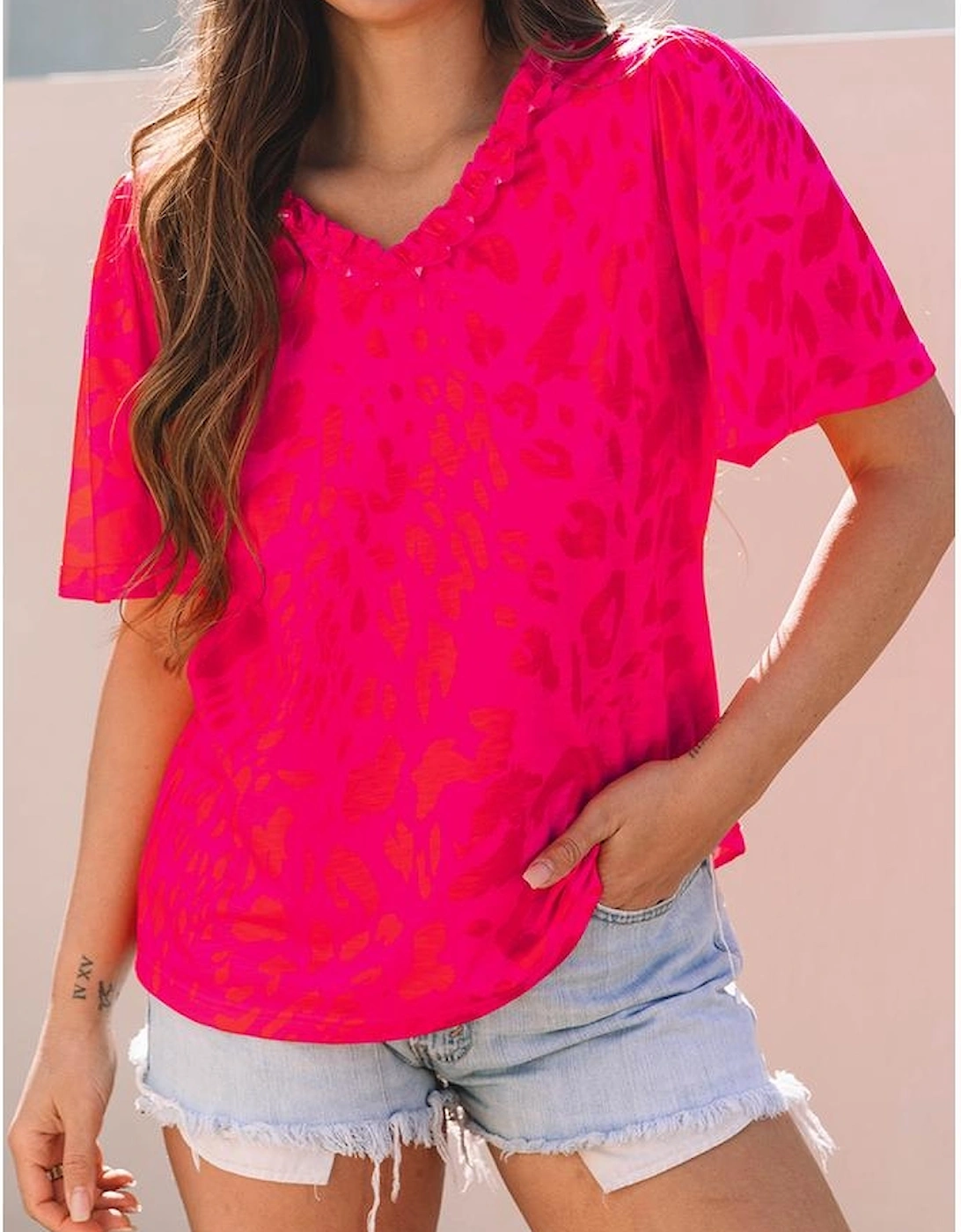 Rose Leopard Frilly V Neck Short Sleeve Blouse