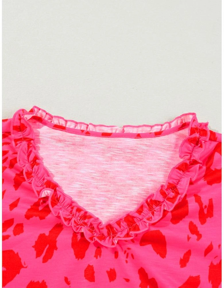 Rose Leopard Frilly V Neck Short Sleeve Blouse