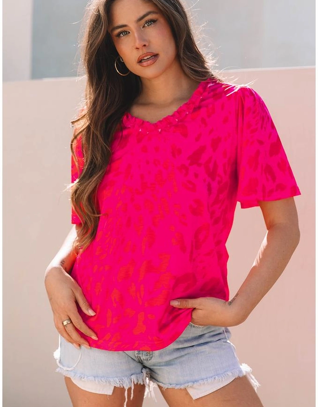 Rose Leopard Frilly V Neck Short Sleeve Blouse