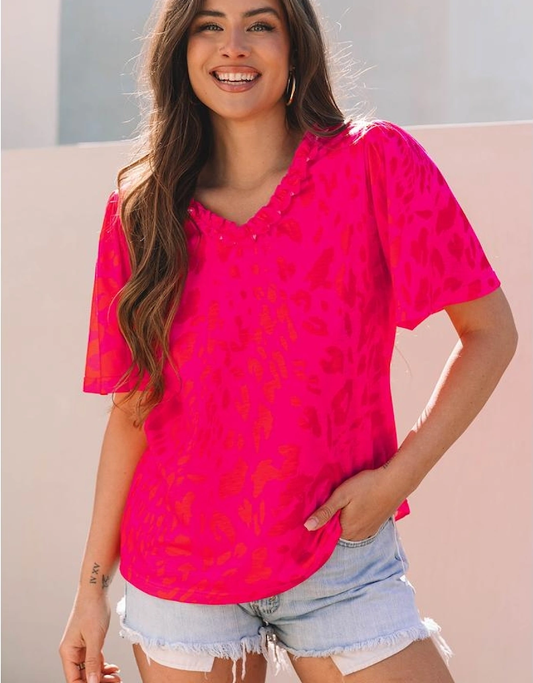 Rose Leopard Frilly V Neck Short Sleeve Blouse