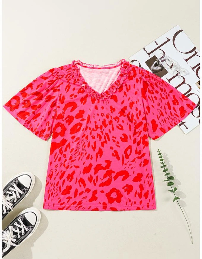 Rose Leopard Frilly V Neck Short Sleeve Blouse