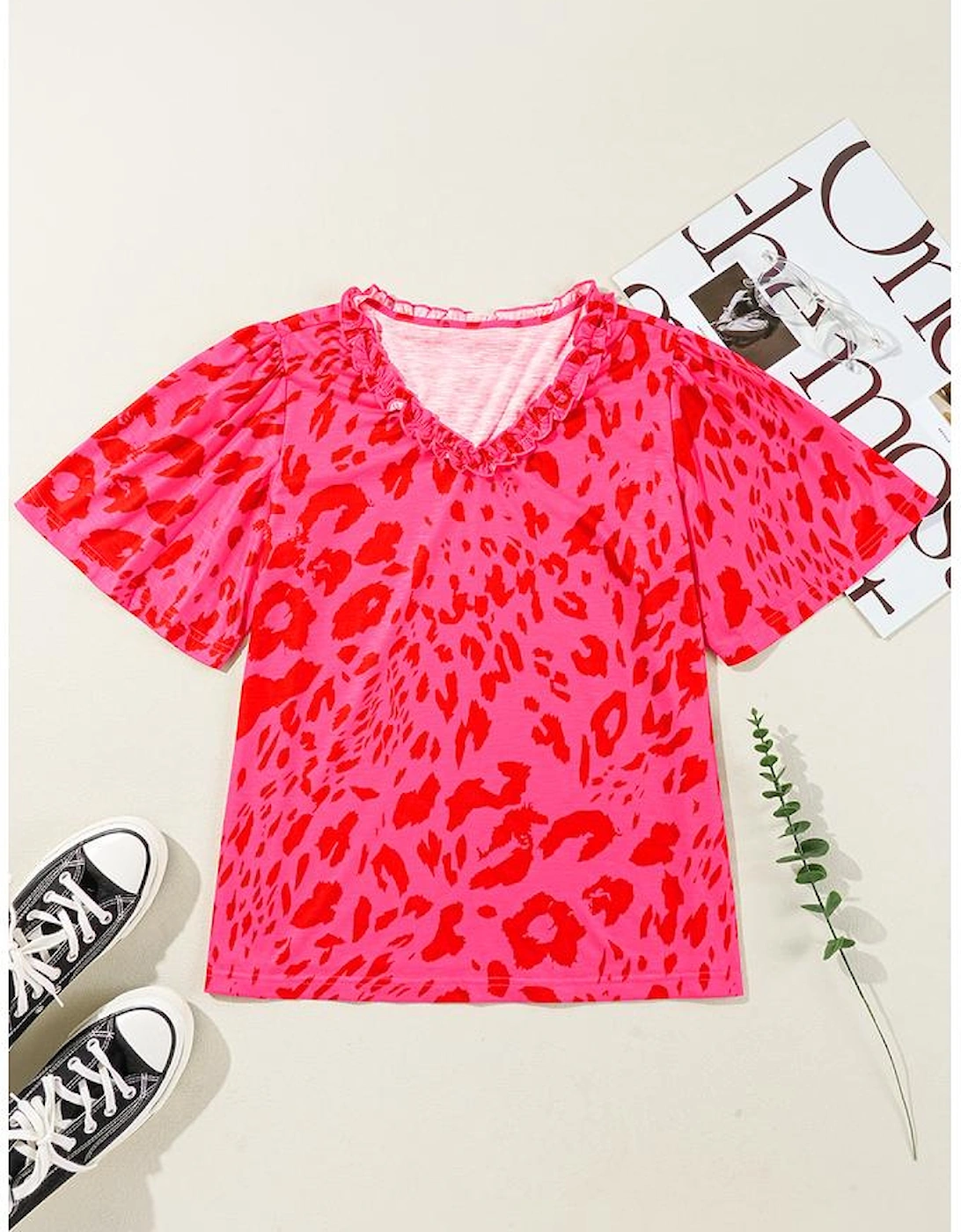 Rose Leopard Frilly V Neck Short Sleeve Blouse