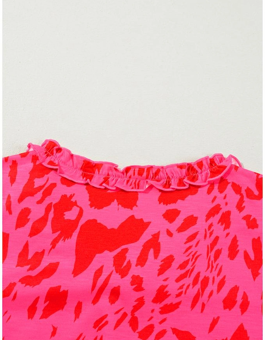 Rose Leopard Frilly V Neck Short Sleeve Blouse