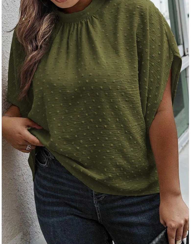 Moss Green Plus Size Swiss Dot Mock Neck Tied Nape Top