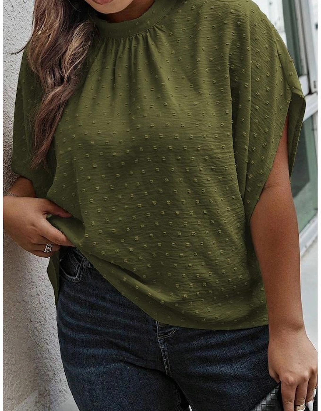 Moss Green Plus Size Swiss Dot Mock Neck Tied Nape Top