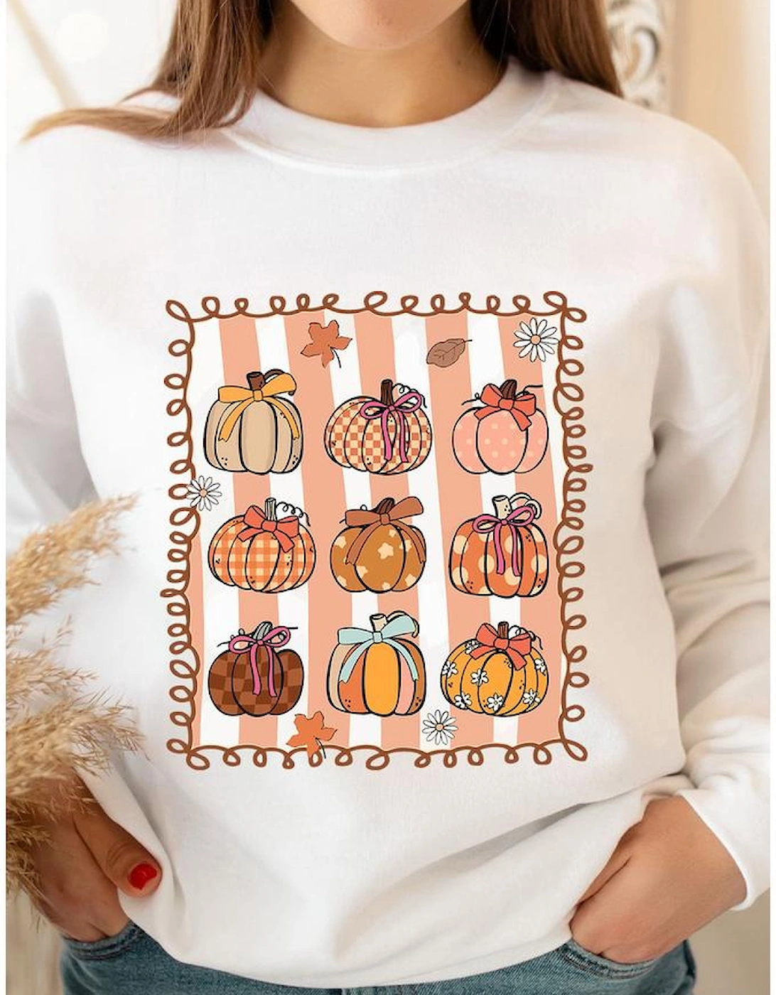 White Fall Bow Pumpkin PNG Sublimation Graphic Sweatshirt