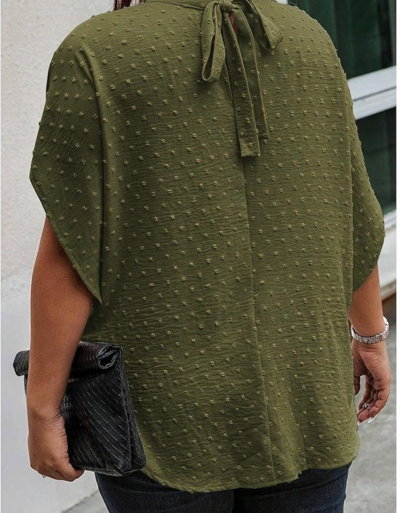 Moss Green Plus Size Swiss Dot Mock Neck Tied Nape Top