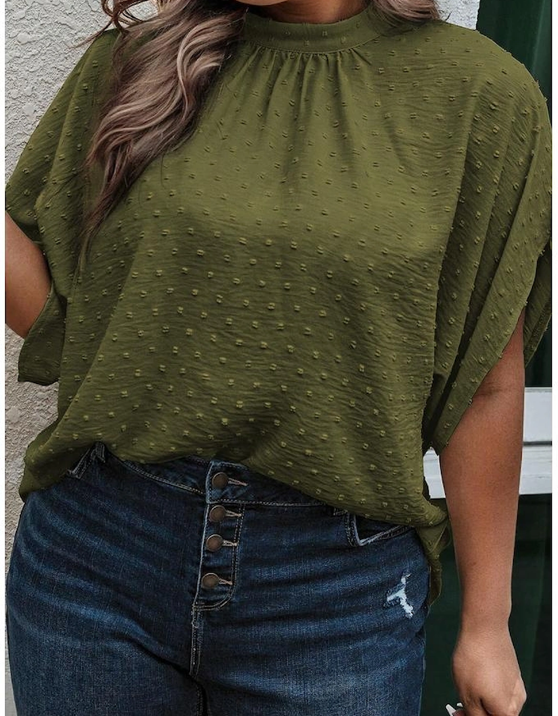 Moss Green Plus Size Swiss Dot Mock Neck Tied Nape Top, 5 of 4