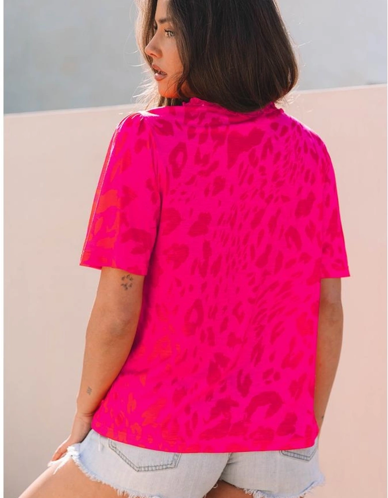 Rose Leopard Frilly V Neck Short Sleeve Blouse