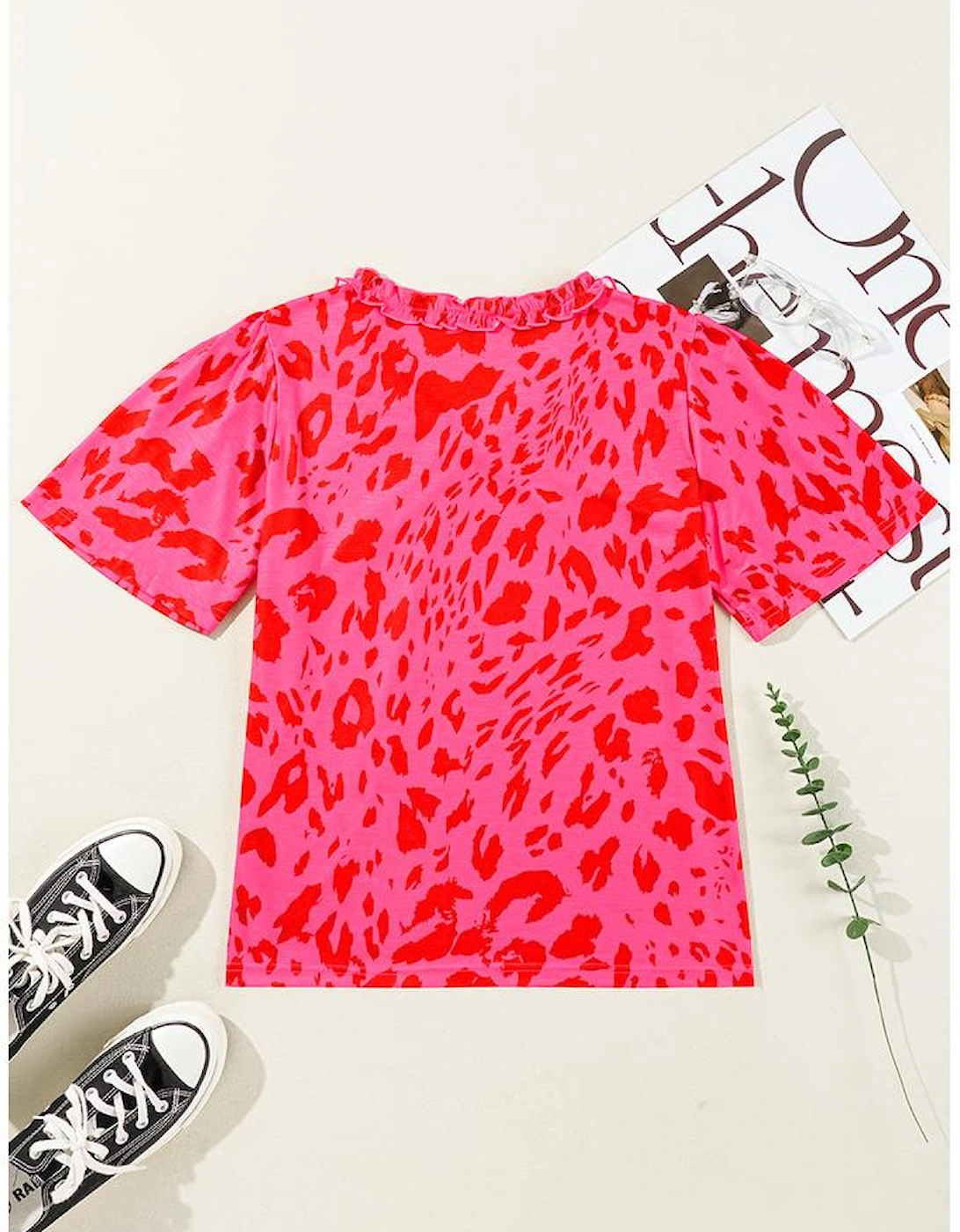 Rose Leopard Frilly V Neck Short Sleeve Blouse