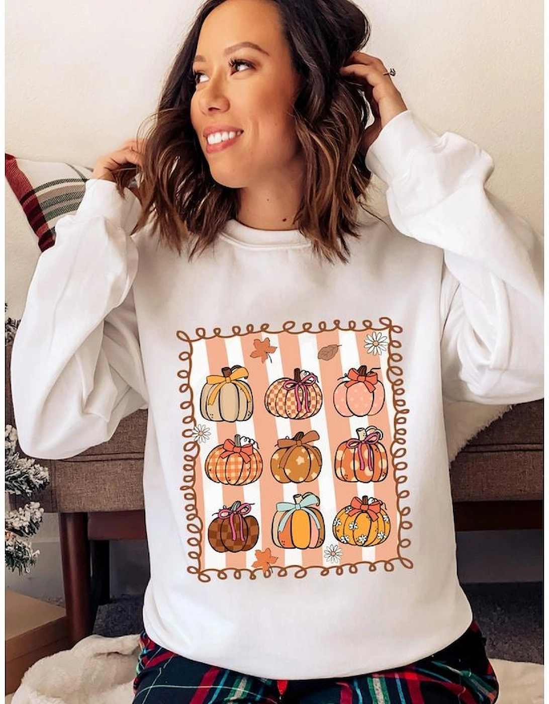 White Fall Bow Pumpkin PNG Sublimation Graphic Sweatshirt