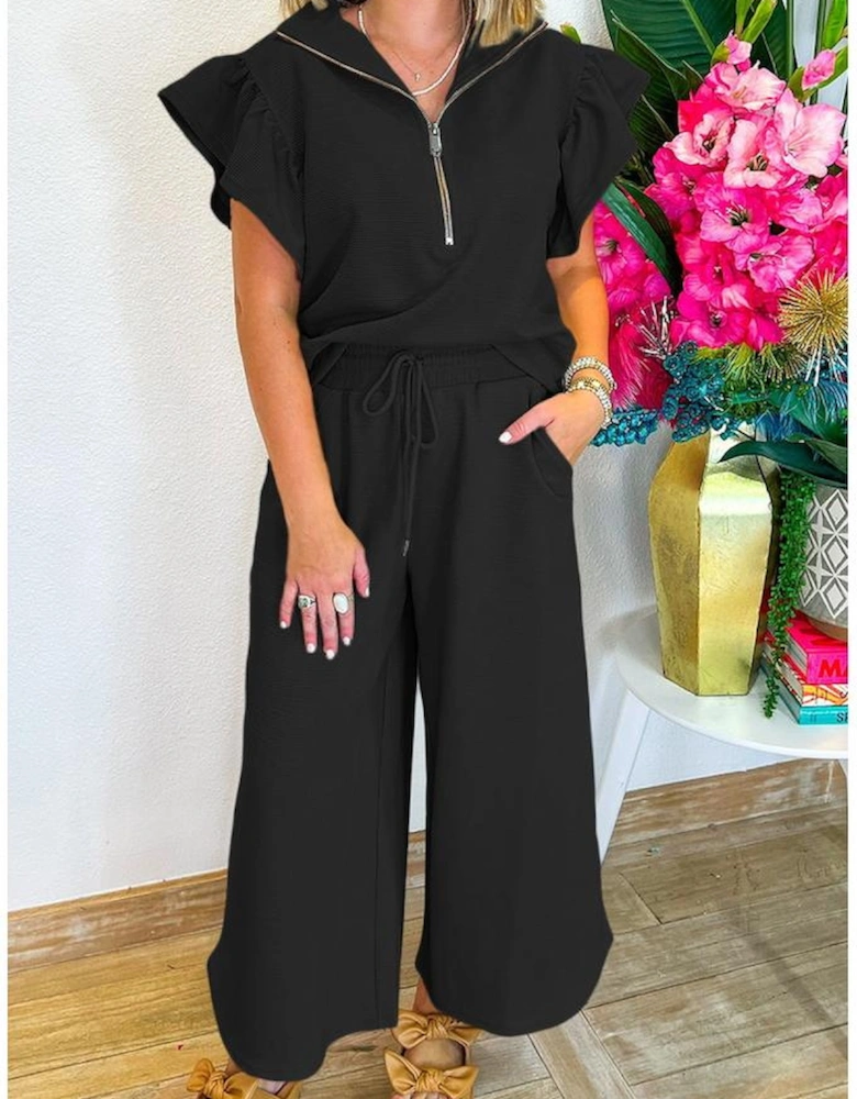 Black Textured Ruffled Sleeve Zipped Top and Wide Leg Pants Set