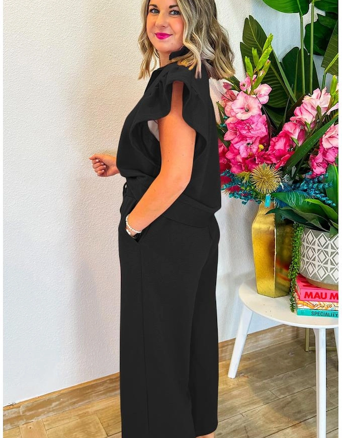 Black Textured Ruffled Sleeve Zipped Top and Wide Leg Pants Set