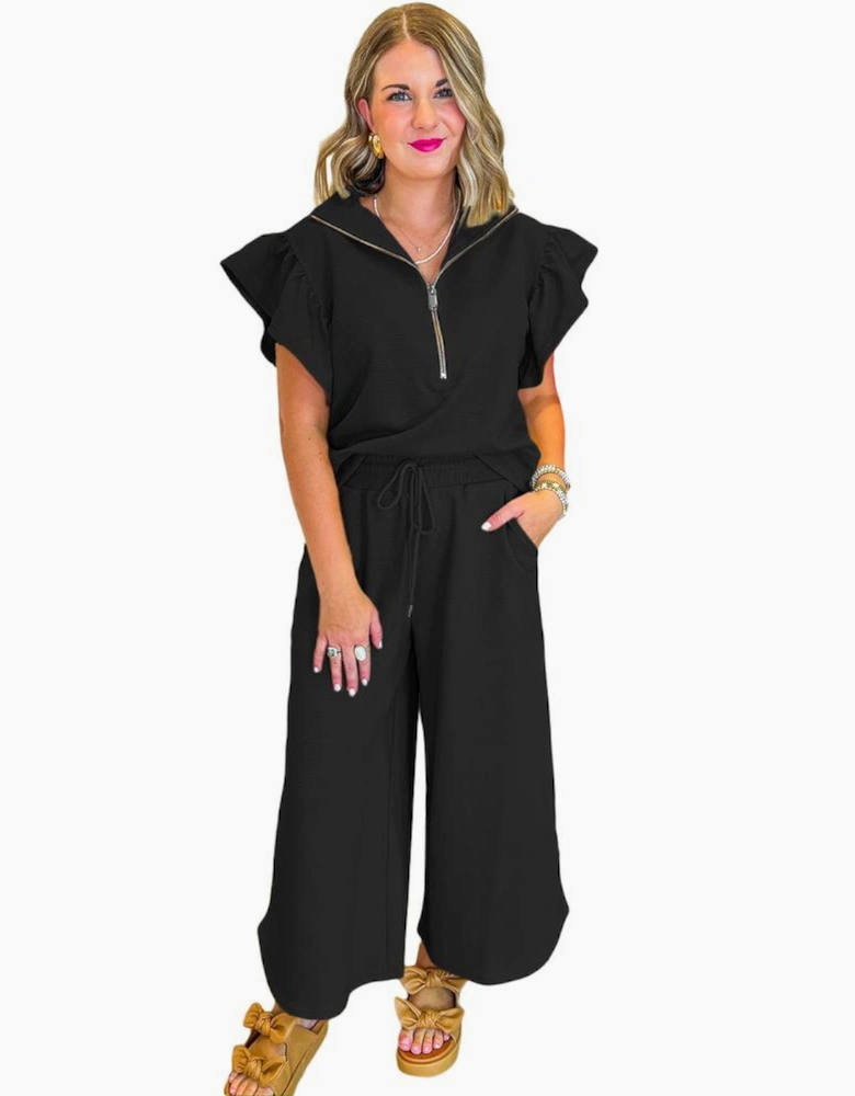 Black Textured Ruffled Sleeve Zipped Top and Wide Leg Pants Set