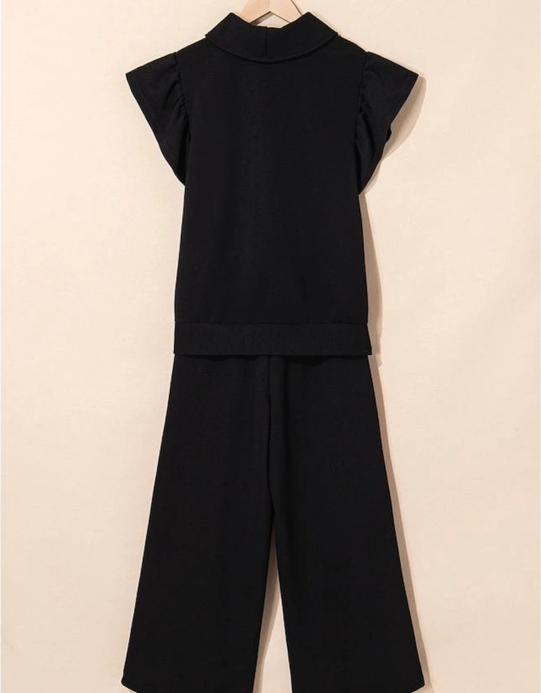 Black Textured Ruffled Sleeve Zipped Top and Wide Leg Pants Set