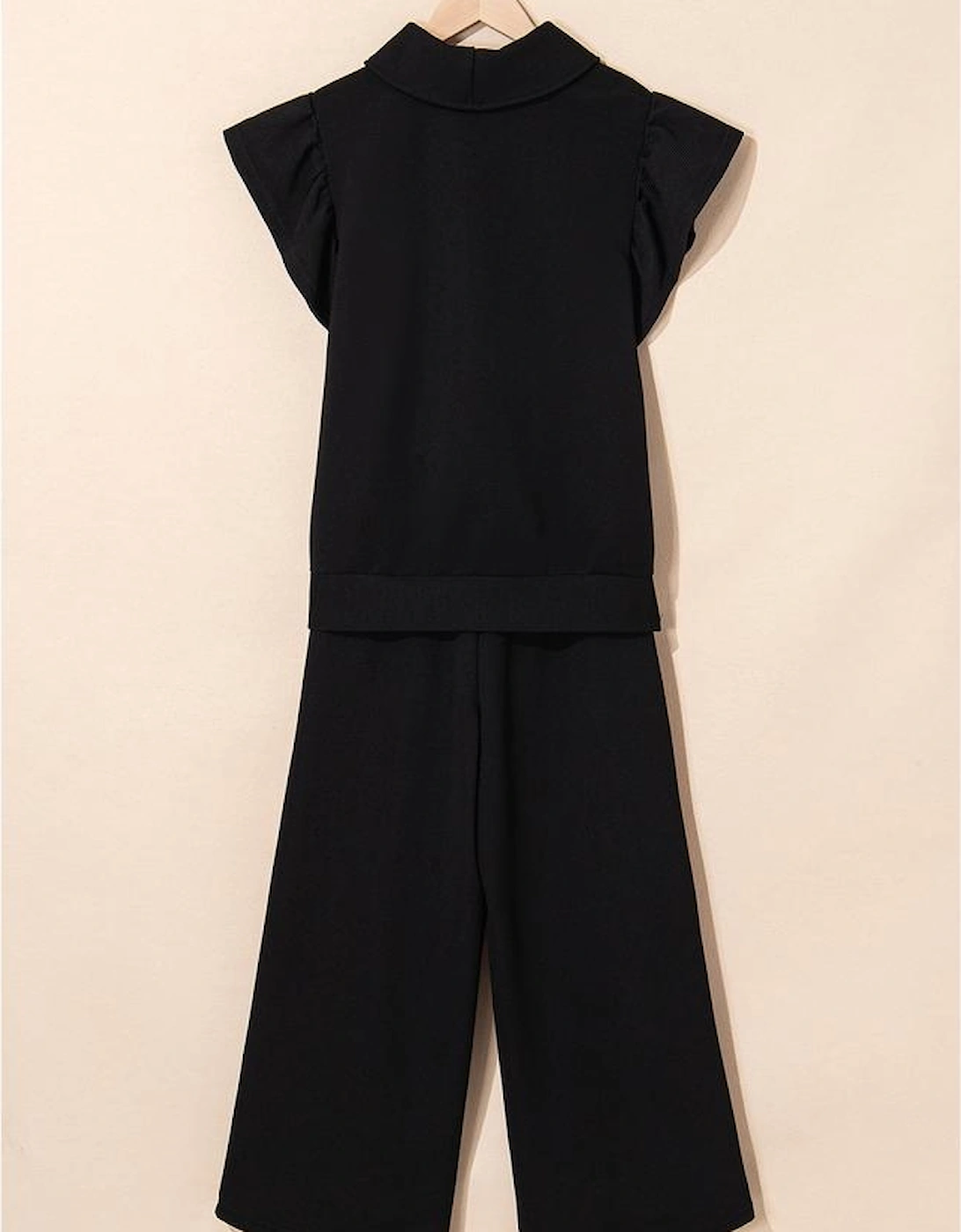 Black Textured Ruffled Sleeve Zipped Top and Wide Leg Pants Set