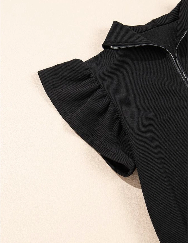 Black Textured Ruffled Sleeve Zipped Top and Wide Leg Pants Set