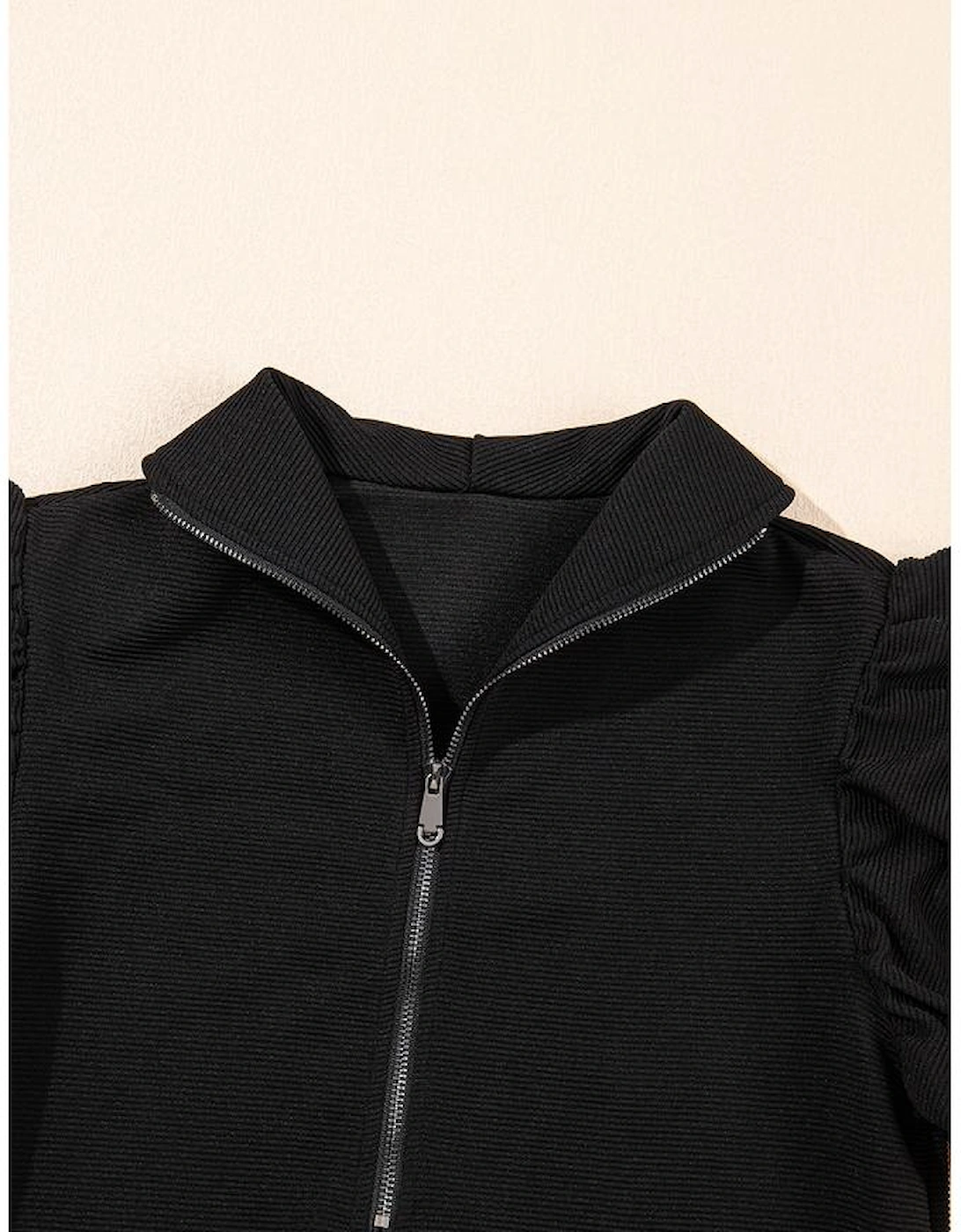 Black Textured Ruffled Sleeve Zipped Top and Wide Leg Pants Set