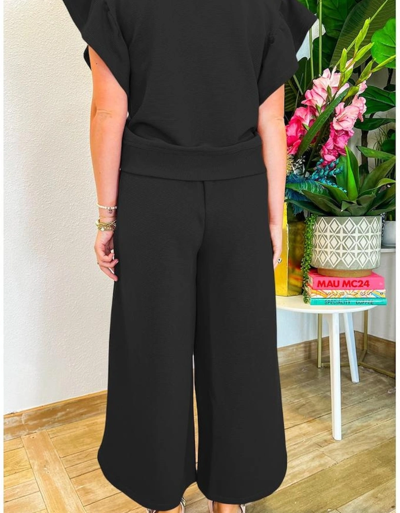 Black Textured Ruffled Sleeve Zipped Top and Wide Leg Pants Set
