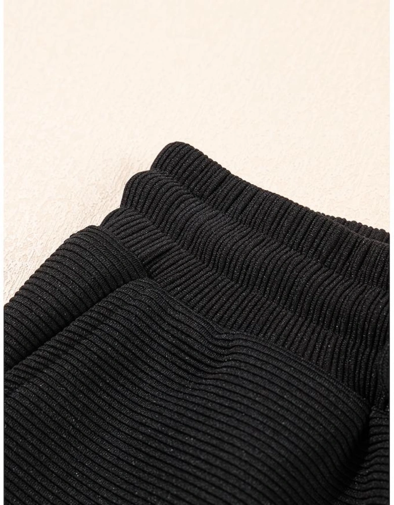 Black Textured Ruffled Sleeve Zipped Top and Wide Leg Pants Set