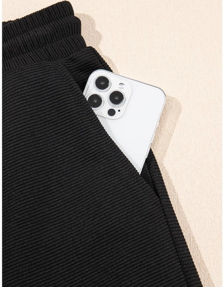 Black Textured Ruffled Sleeve Zipped Top and Wide Leg Pants Set