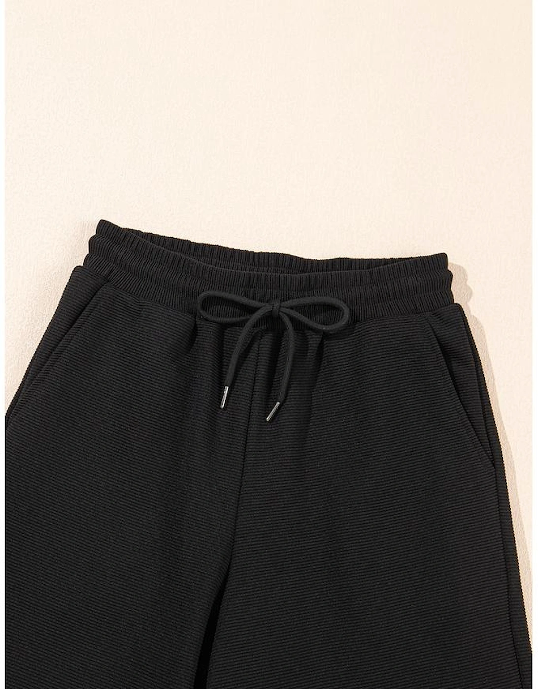 Black Textured Ruffled Sleeve Zipped Top and Wide Leg Pants Set