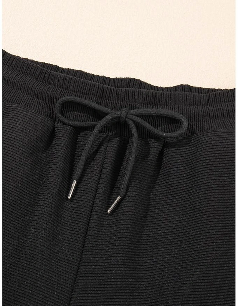 Black Textured Ruffled Sleeve Zipped Top and Wide Leg Pants Set