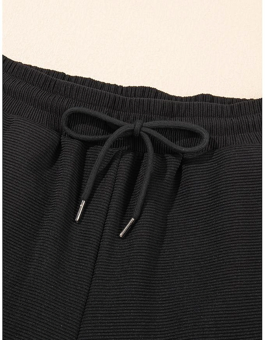 Black Textured Ruffled Sleeve Zipped Top and Wide Leg Pants Set