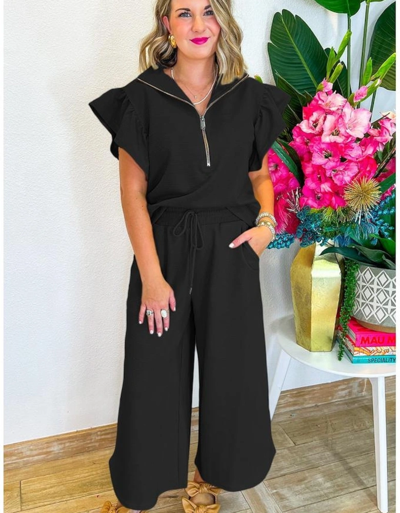 Black Textured Ruffled Sleeve Zipped Top and Wide Leg Pants Set