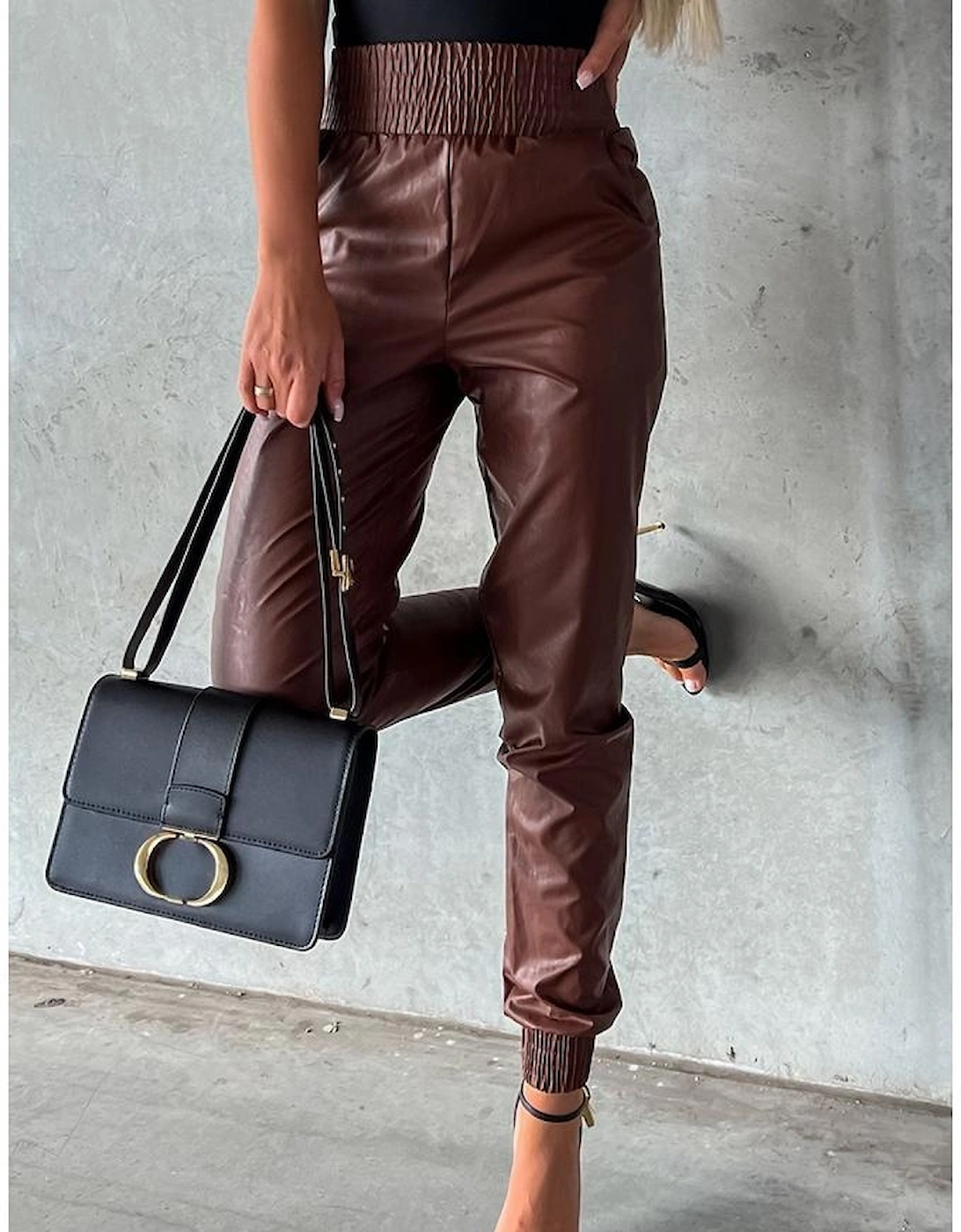 Brown Smocked High-Waist Leather Skinny Pants